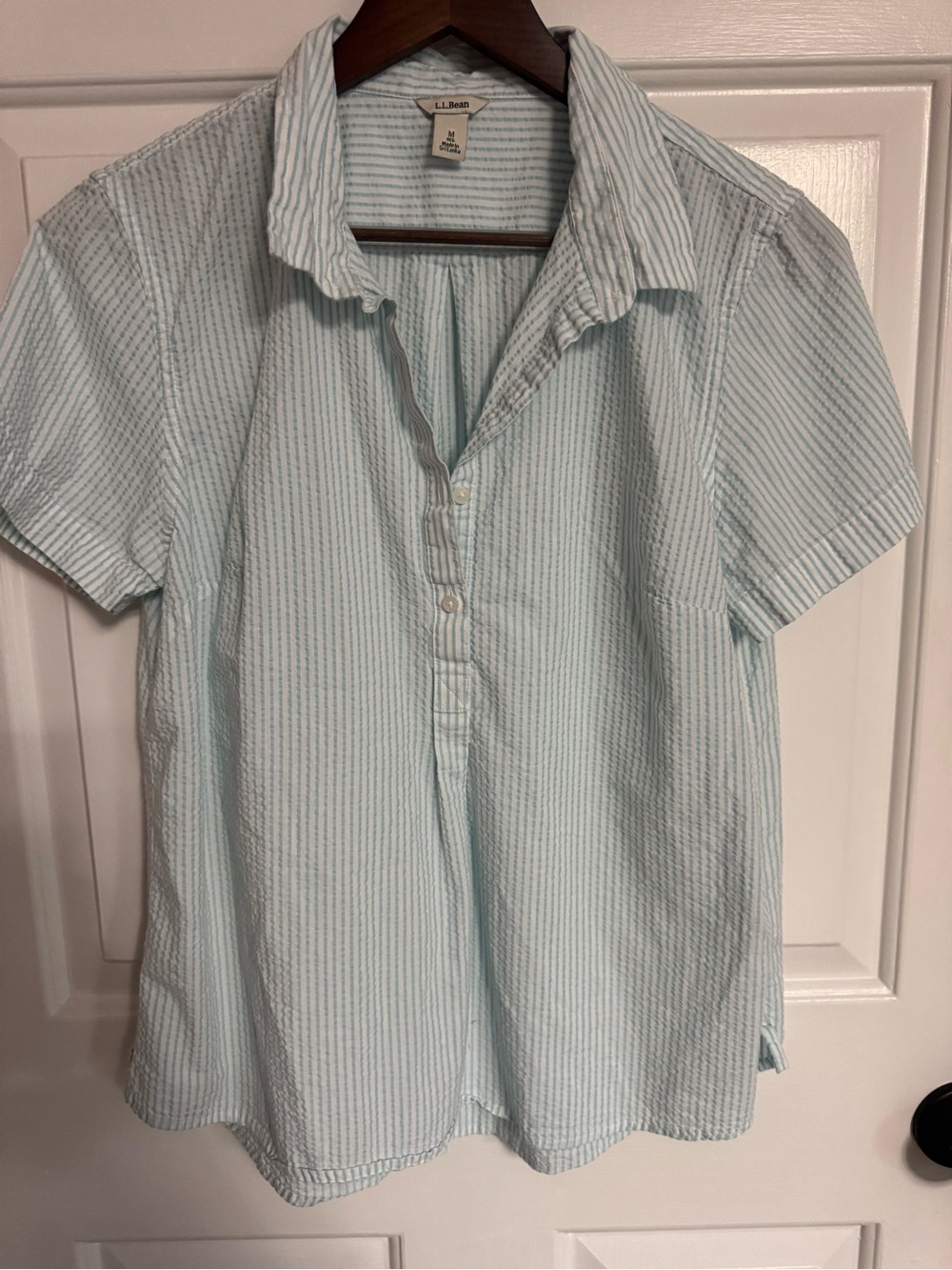L.L. Bean Light Blue & White Striped Short-Sleeve Button Polo